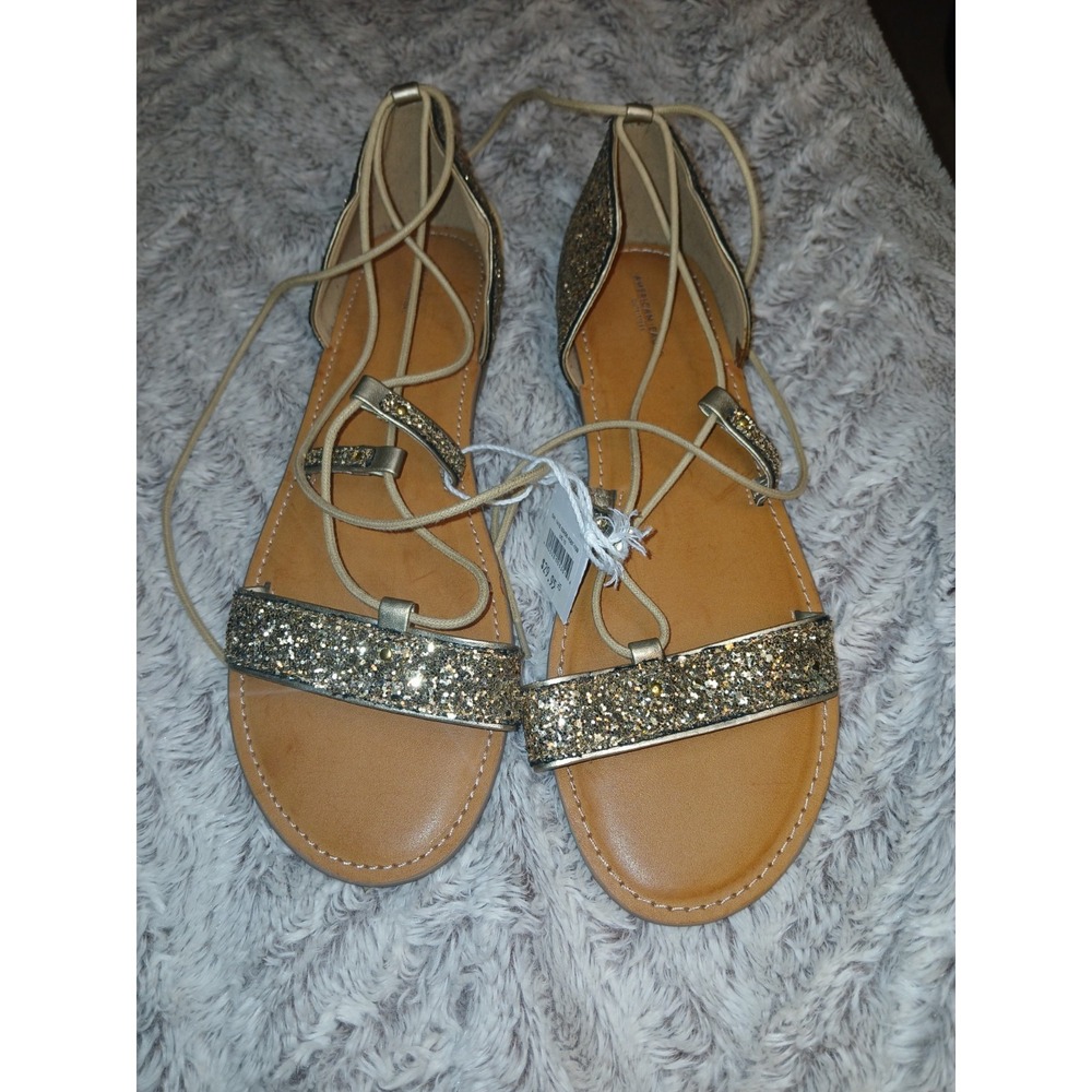 NEW American Eagle Sandals Womens 10 Gold Strappy Open Toe Flat Shoes